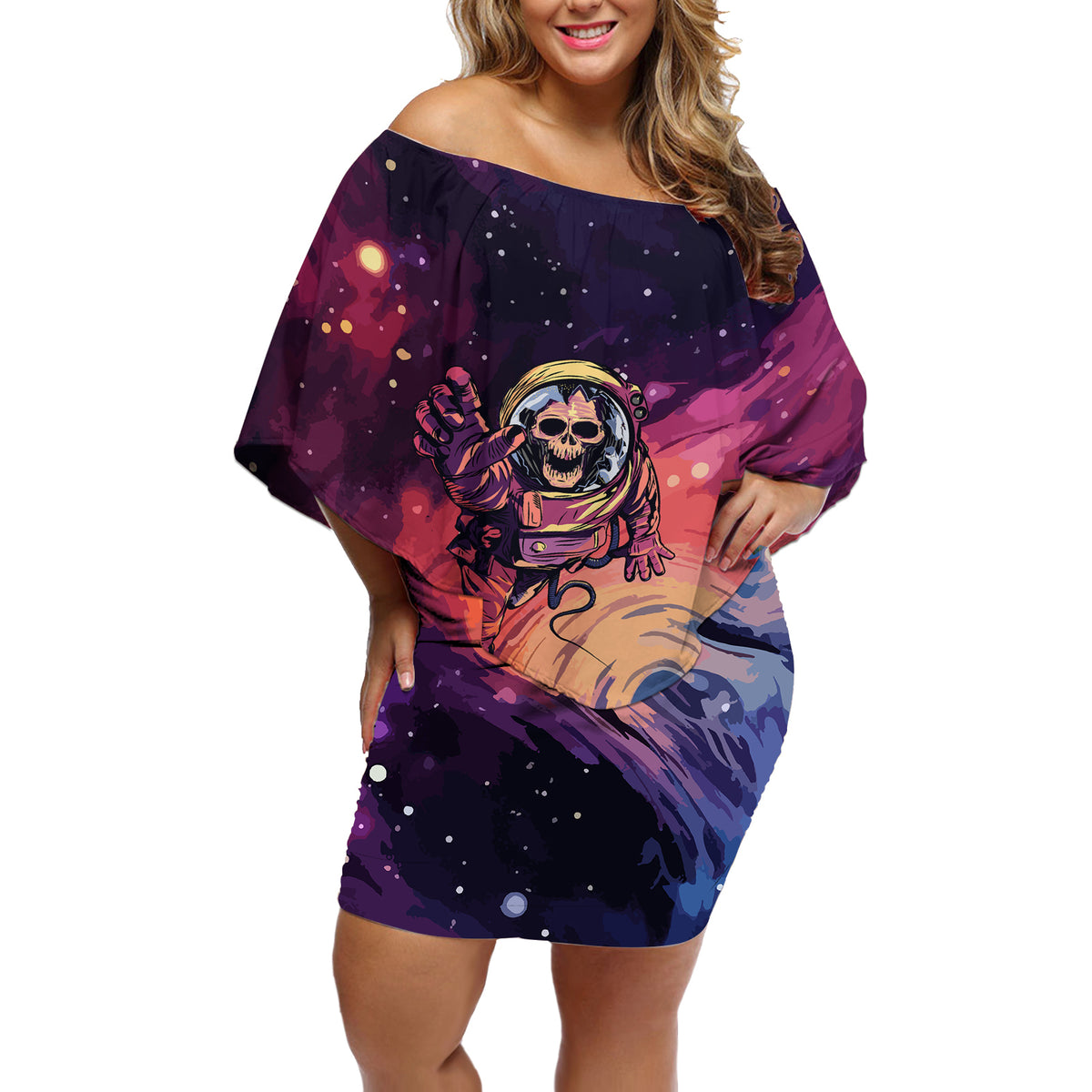 Skull Off Shoulder Short Dress I Need More Space Cosmic Style - Wonder Print Shop