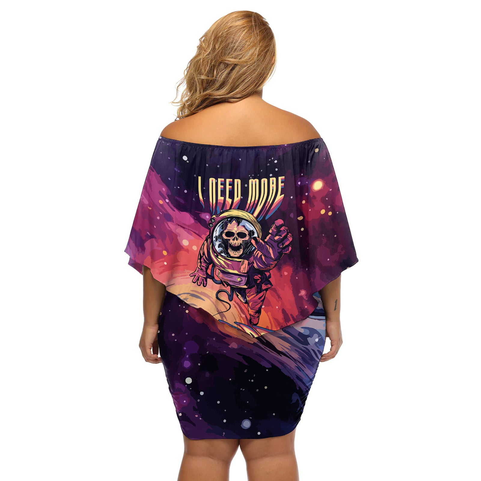 Skull Off Shoulder Short Dress I Need More Space Cosmic Style - Wonder Print Shop