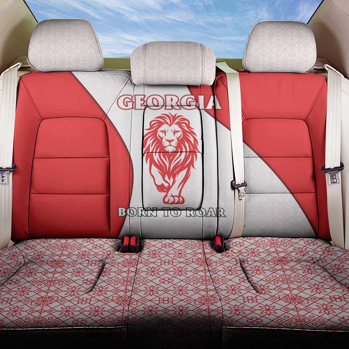 Georgia Flag Back Car Seat Cover with Born to Roar with Red Lion and National Symbols - Wonder Print Shop