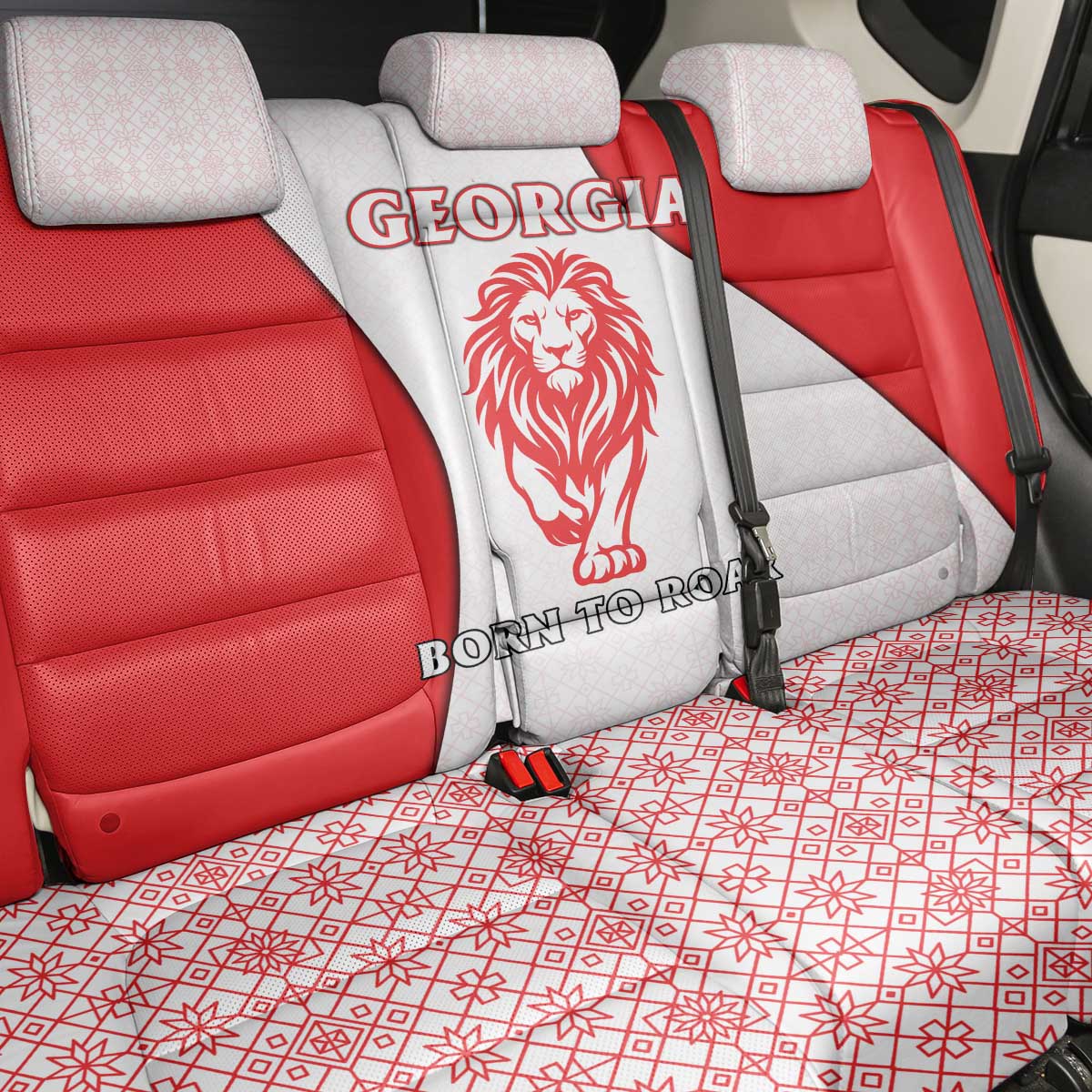 Georgia Flag Back Car Seat Cover with Born to Roar with Red Lion and National Symbols - Wonder Print Shop