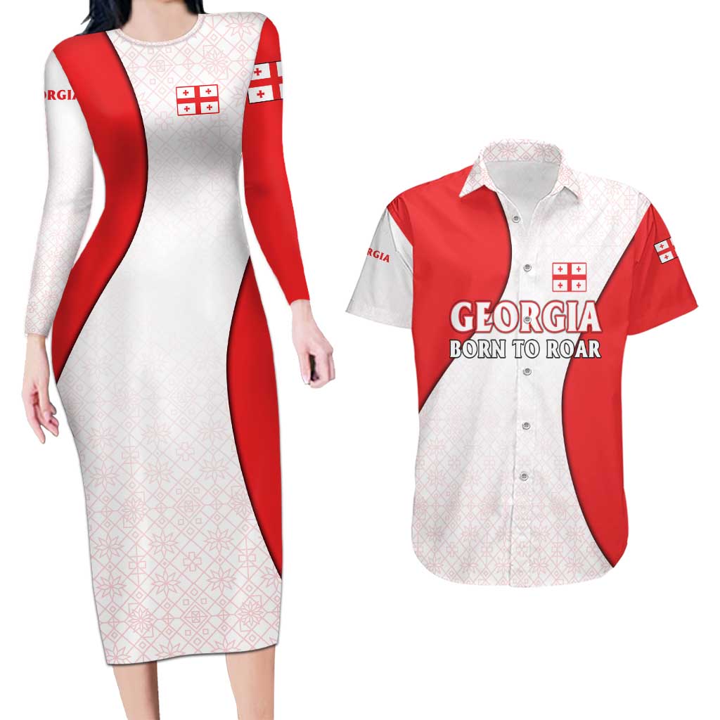 Georgia Flag Couples Matching Long Sleeve Bodycon Dress and Hawaiian Shirt with Born to Roar with Red Lion and National Symbols - Wonder Print Shop