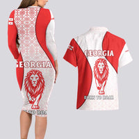 Georgia Flag Couples Matching Long Sleeve Bodycon Dress and Hawaiian Shirt with Born to Roar with Red Lion and National Symbols - Wonder Print Shop