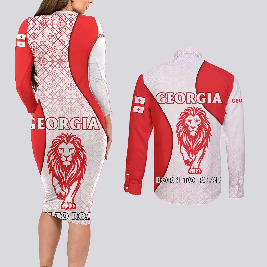 Georgia Flag Couples Matching Long Sleeve Bodycon Dress and Long Sleeve Button Shirt with Born to Roar with Red Lion and National Symbols - Wonder Print Shop