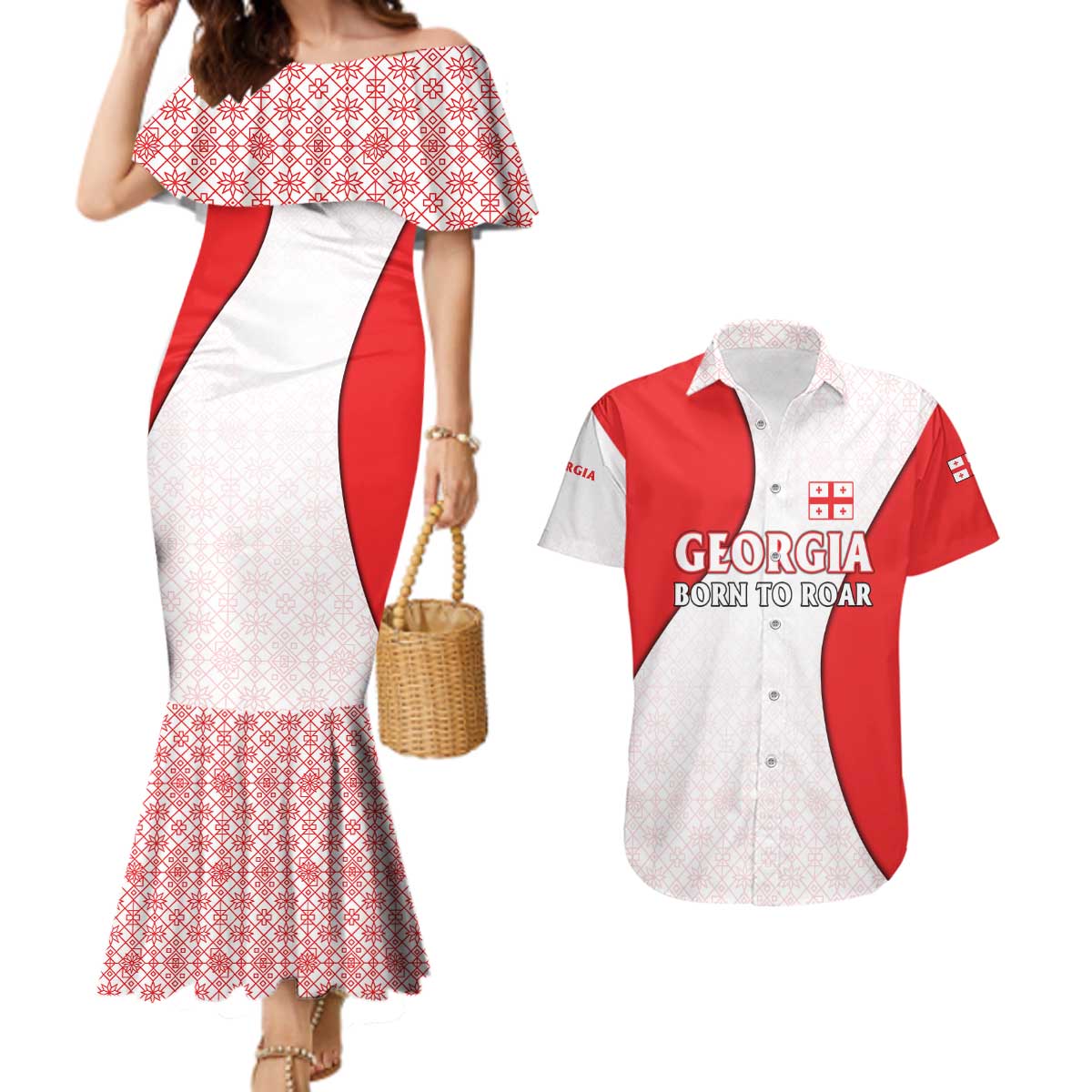 Georgia Flag Couples Matching Mermaid Dress and Hawaiian Shirt with Born to Roar with Red Lion and National Symbols - Wonder Print Shop