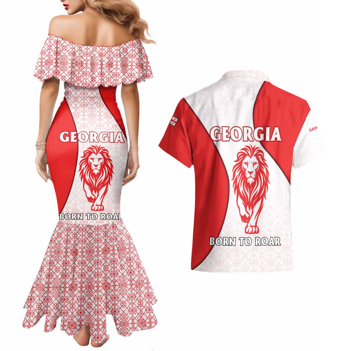 Georgia Flag Couples Matching Mermaid Dress and Hawaiian Shirt with Born to Roar with Red Lion and National Symbols - Wonder Print Shop