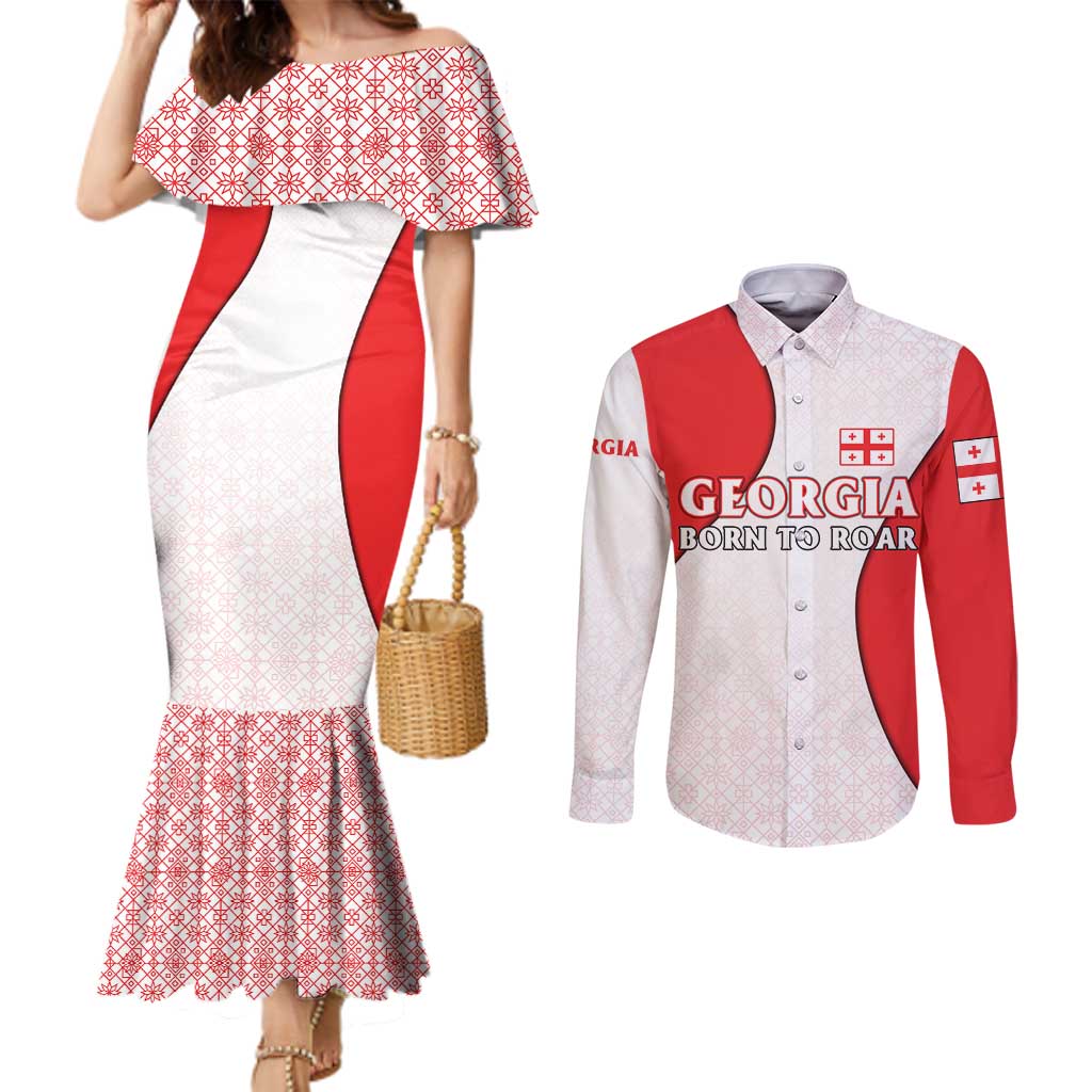 Georgia Flag Couples Matching Mermaid Dress and Long Sleeve Button Shirt with Born to Roar with Red Lion and National Symbols - Wonder Print Shop