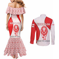 Georgia Flag Couples Matching Mermaid Dress and Long Sleeve Button Shirt with Born to Roar with Red Lion and National Symbols - Wonder Print Shop