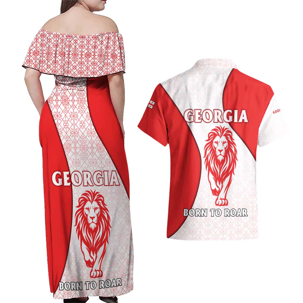 Georgia Flag Couples Matching Off Shoulder Maxi Dress and Hawaiian Shirt with Born to Roar with Red Lion and National Symbols - Wonder Print Shop