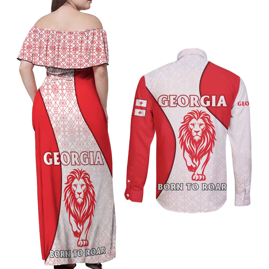 Georgia Flag Couples Matching Off Shoulder Maxi Dress and Long Sleeve Button Shirt with Born to Roar with Red Lion and National Symbols - Wonder Print Shop
