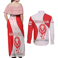 Georgia Flag Couples Matching Off Shoulder Maxi Dress and Long Sleeve Button Shirt with Born to Roar with Red Lion and National Symbols - Wonder Print Shop