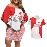 Georgia Flag Couples Matching Off Shoulder Short Dress and Hawaiian Shirt with Born to Roar with Red Lion and National Symbols - Wonder Print Shop