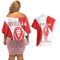 Georgia Flag Couples Matching Off Shoulder Short Dress and Hawaiian Shirt with Born to Roar with Red Lion and National Symbols - Wonder Print Shop