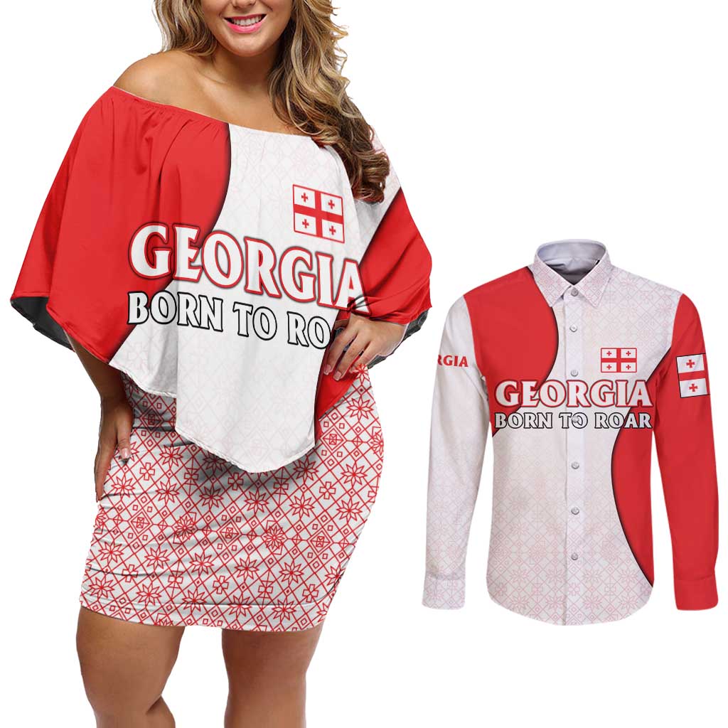 Georgia Flag Couples Matching Off Shoulder Short Dress and Long Sleeve Button Shirt with Born to Roar with Red Lion and National Symbols - Wonder Print Shop