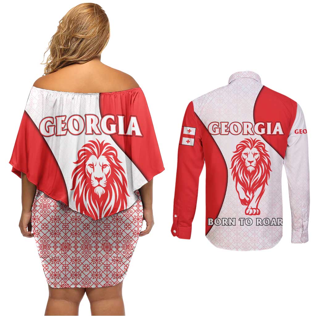 Georgia Flag Couples Matching Off Shoulder Short Dress and Long Sleeve Button Shirt with Born to Roar with Red Lion and National Symbols - Wonder Print Shop