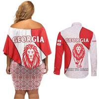 Georgia Flag Couples Matching Off Shoulder Short Dress and Long Sleeve Button Shirt with Born to Roar with Red Lion and National Symbols - Wonder Print Shop