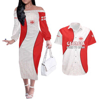 Georgia Flag Couples Matching Off The Shoulder Long Sleeve Dress and Hawaiian Shirt with Born to Roar with Red Lion and National Symbols - Wonder Print Shop
