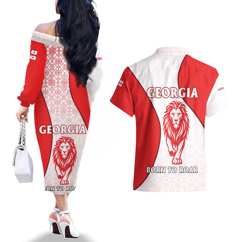 Georgia Flag Couples Matching Off The Shoulder Long Sleeve Dress and Hawaiian Shirt with Born to Roar with Red Lion and National Symbols - Wonder Print Shop