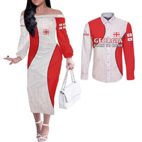 Georgia Flag Couples Matching Off The Shoulder Long Sleeve Dress and Long Sleeve Button Shirt with Born to Roar with Red Lion and National Symbols - Wonder Print Shop