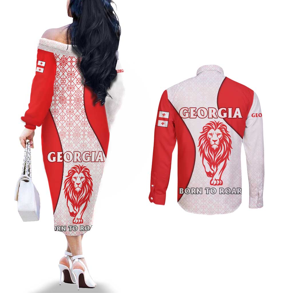 Georgia Flag Couples Matching Off The Shoulder Long Sleeve Dress and Long Sleeve Button Shirt with Born to Roar with Red Lion and National Symbols - Wonder Print Shop