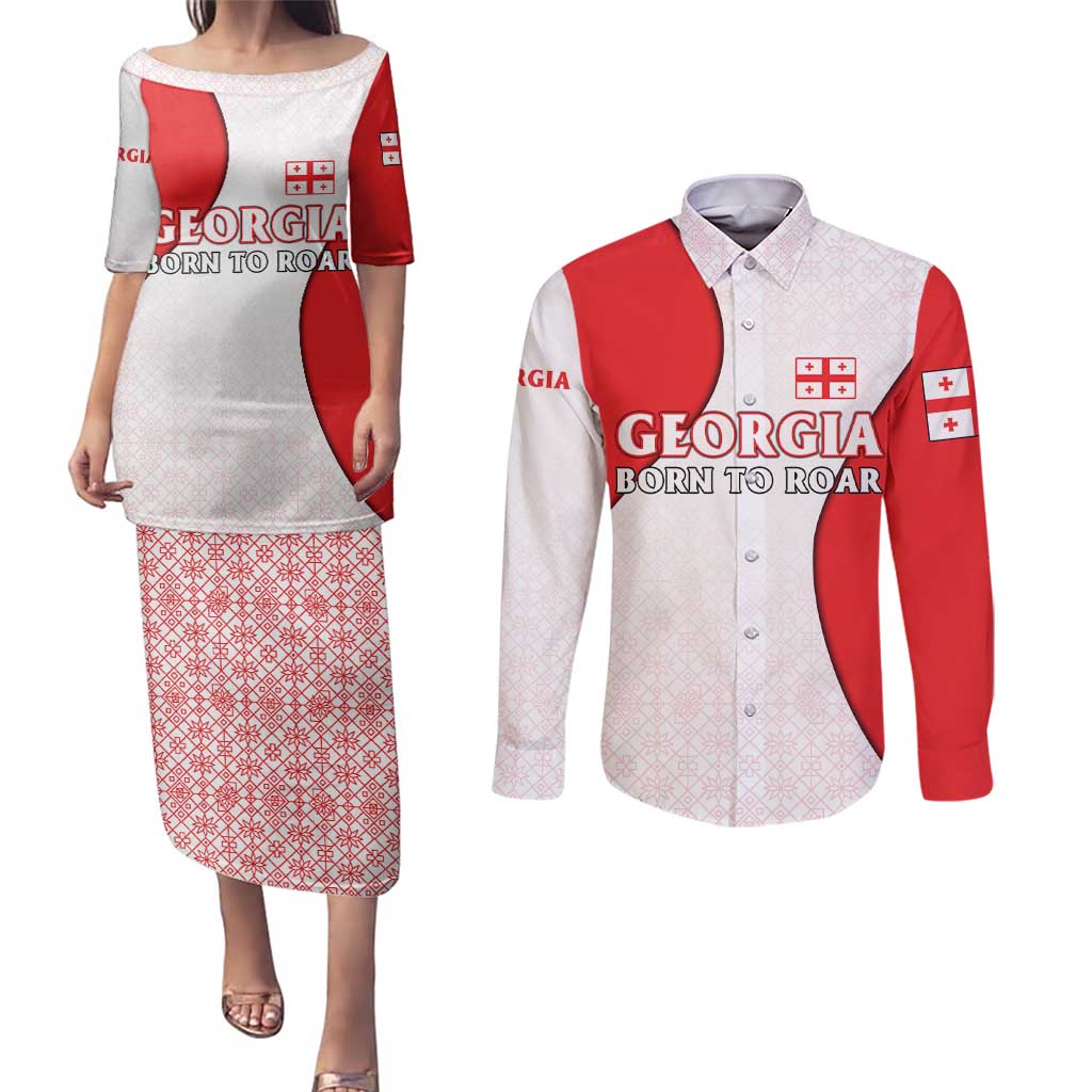Georgia Flag Couples Matching Puletasi and Long Sleeve Button Shirt with Born to Roar with Red Lion and National Symbols - Wonder Print Shop