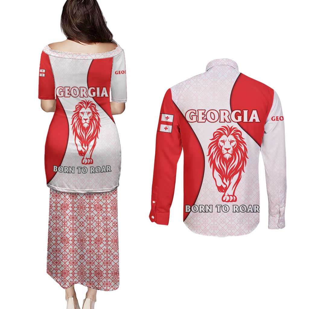 Georgia Flag Couples Matching Puletasi and Long Sleeve Button Shirt with Born to Roar with Red Lion and National Symbols - Wonder Print Shop