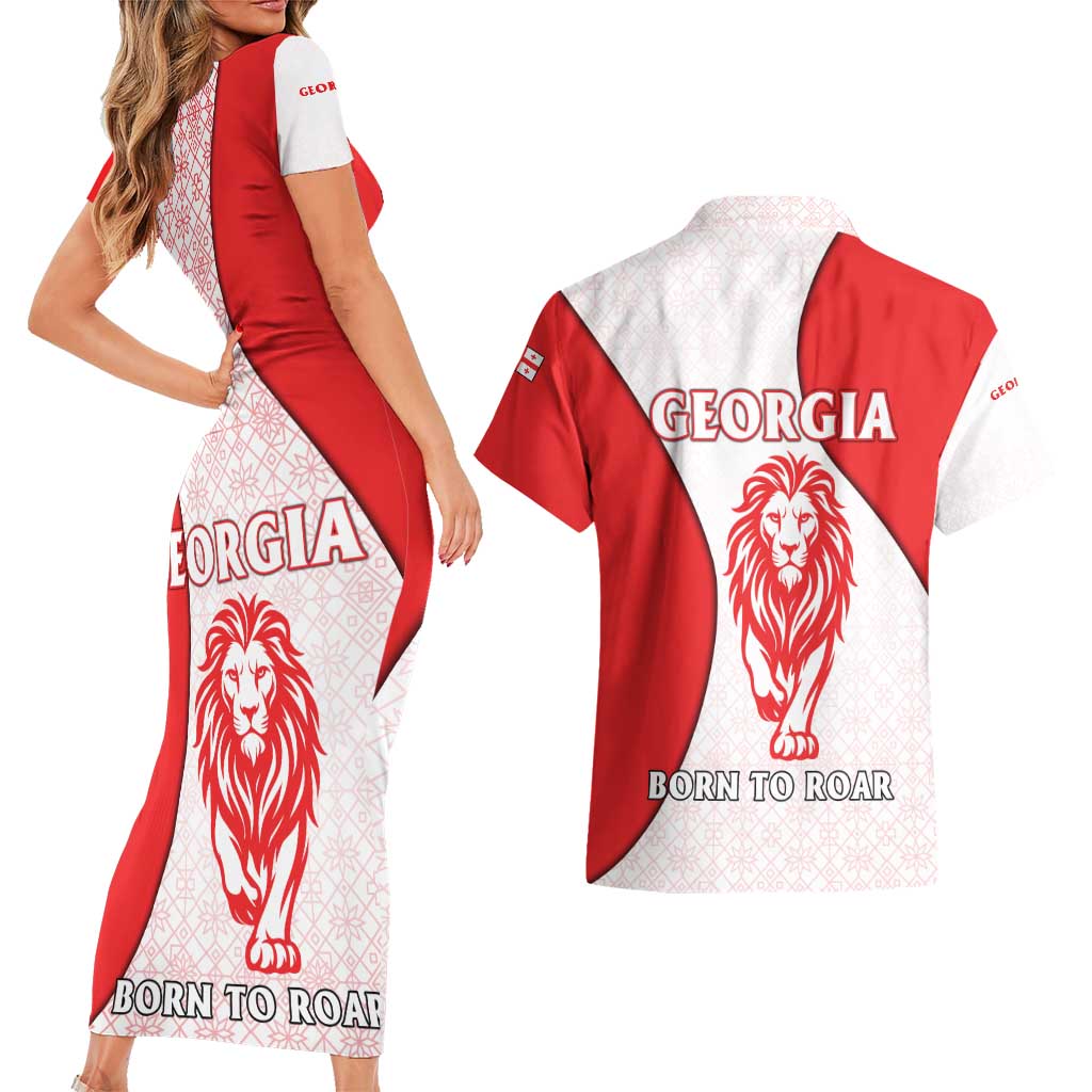 Georgia Flag Couples Matching Short Sleeve Bodycon Dress and Hawaiian Shirt with Born to Roar with Red Lion and National Symbols - Wonder Print Shop
