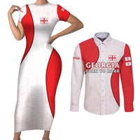 Georgia Flag Couples Matching Short Sleeve Bodycon Dress and Long Sleeve Button Shirt with Born to Roar with Red Lion and National Symbols - Wonder Print Shop