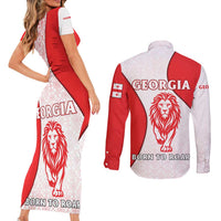 Georgia Flag Couples Matching Short Sleeve Bodycon Dress and Long Sleeve Button Shirt with Born to Roar with Red Lion and National Symbols - Wonder Print Shop