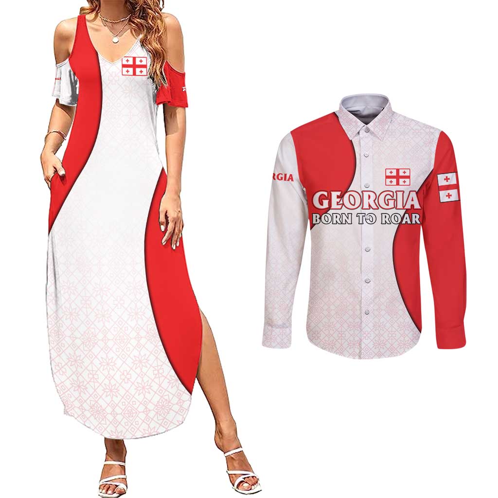 Georgia Flag Couples Matching Summer Maxi Dress and Long Sleeve Button Shirt with Born to Roar with Red Lion and National Symbols - Wonder Print Shop