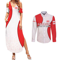 Georgia Flag Couples Matching Summer Maxi Dress and Long Sleeve Button Shirt with Born to Roar with Red Lion and National Symbols - Wonder Print Shop