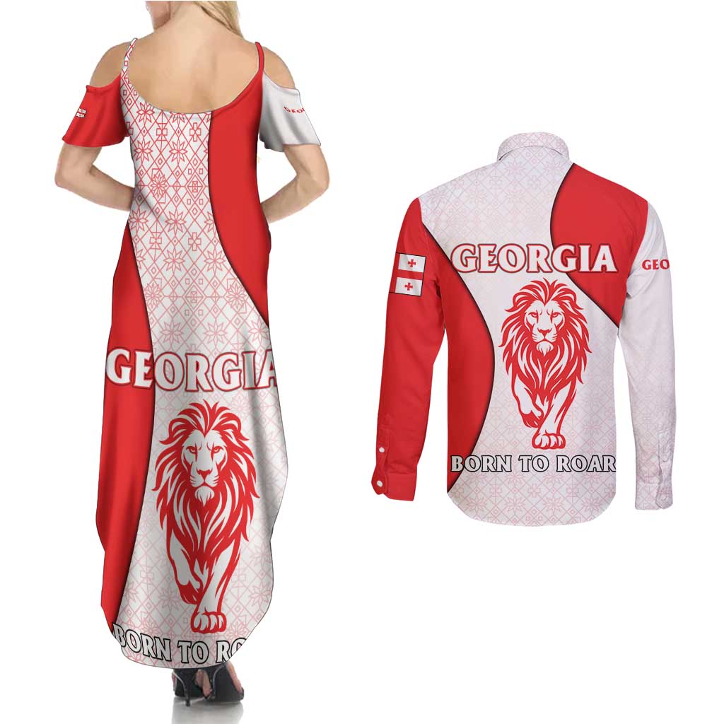 Georgia Flag Couples Matching Summer Maxi Dress and Long Sleeve Button Shirt with Born to Roar with Red Lion and National Symbols - Wonder Print Shop