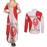 Georgia Flag Couples Matching Summer Maxi Dress and Long Sleeve Button Shirt with Born to Roar with Red Lion and National Symbols - Wonder Print Shop