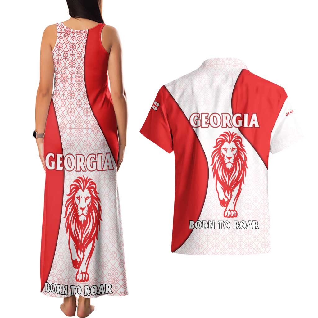 Georgia Flag Couples Matching Tank Maxi Dress and Hawaiian Shirt with Born to Roar with Red Lion and National Symbols - Wonder Print Shop