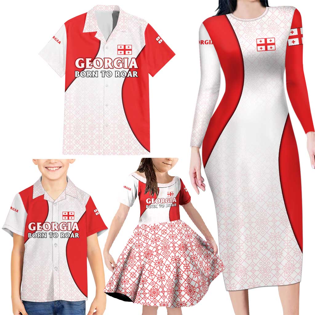 Georgia Flag Family Matching Long Sleeve Bodycon Dress and Hawaiian Shirt with Born to Roar with Red Lion and National Symbols - Wonder Print Shop