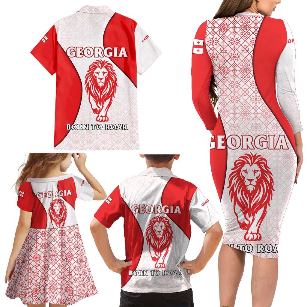 Georgia Flag Family Matching Long Sleeve Bodycon Dress and Hawaiian Shirt with Born to Roar with Red Lion and National Symbols - Wonder Print Shop