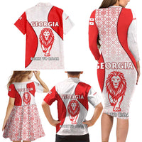 Georgia Flag Family Matching Long Sleeve Bodycon Dress and Hawaiian Shirt with Born to Roar with Red Lion and National Symbols - Wonder Print Shop