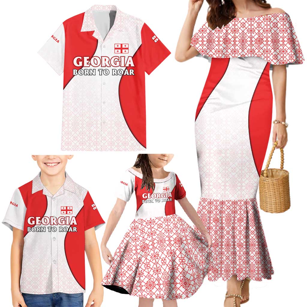 Georgia Flag Family Matching Mermaid Dress and Hawaiian Shirt with Born to Roar with Red Lion and National Symbols - Wonder Print Shop