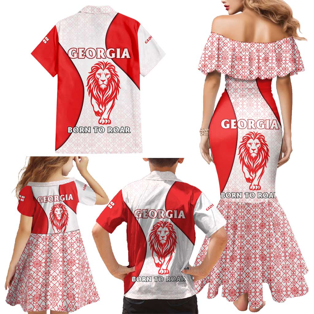 Georgia Flag Family Matching Mermaid Dress and Hawaiian Shirt with Born to Roar with Red Lion and National Symbols - Wonder Print Shop