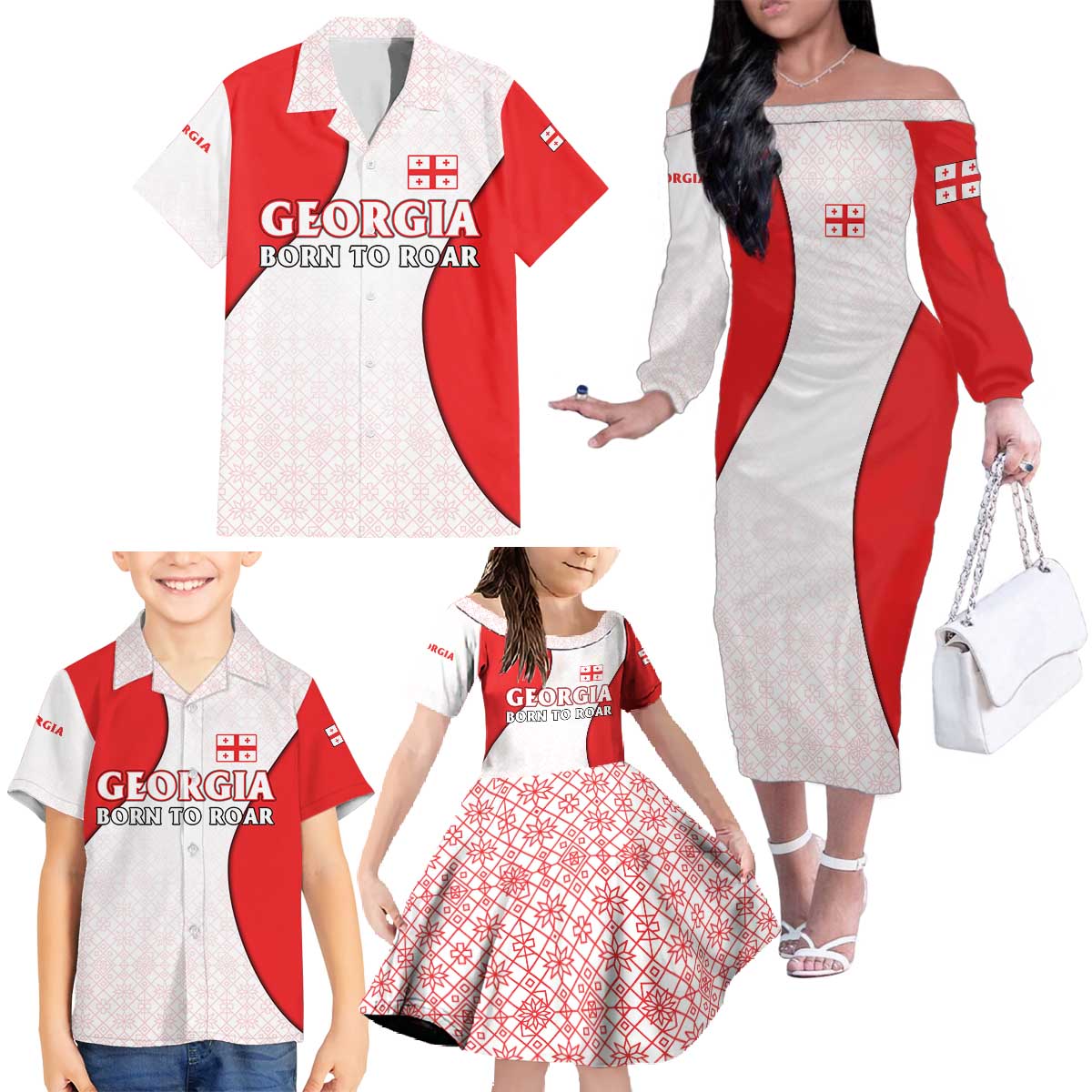 Georgia Flag Family Matching Off The Shoulder Long Sleeve Dress and Hawaiian Shirt with Born to Roar with Red Lion and National Symbols - Wonder Print Shop