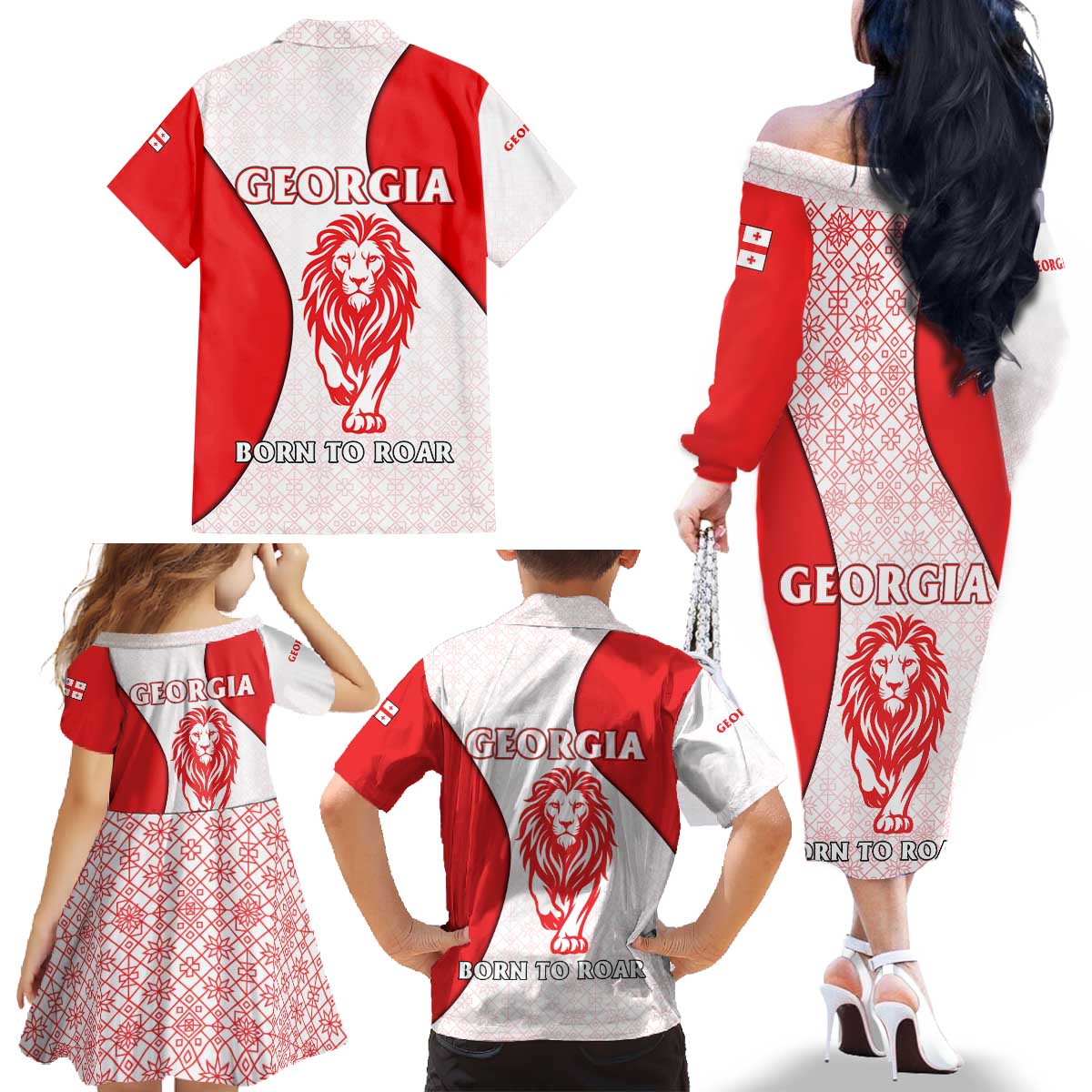 Georgia Flag Family Matching Off The Shoulder Long Sleeve Dress and Hawaiian Shirt with Born to Roar with Red Lion and National Symbols - Wonder Print Shop