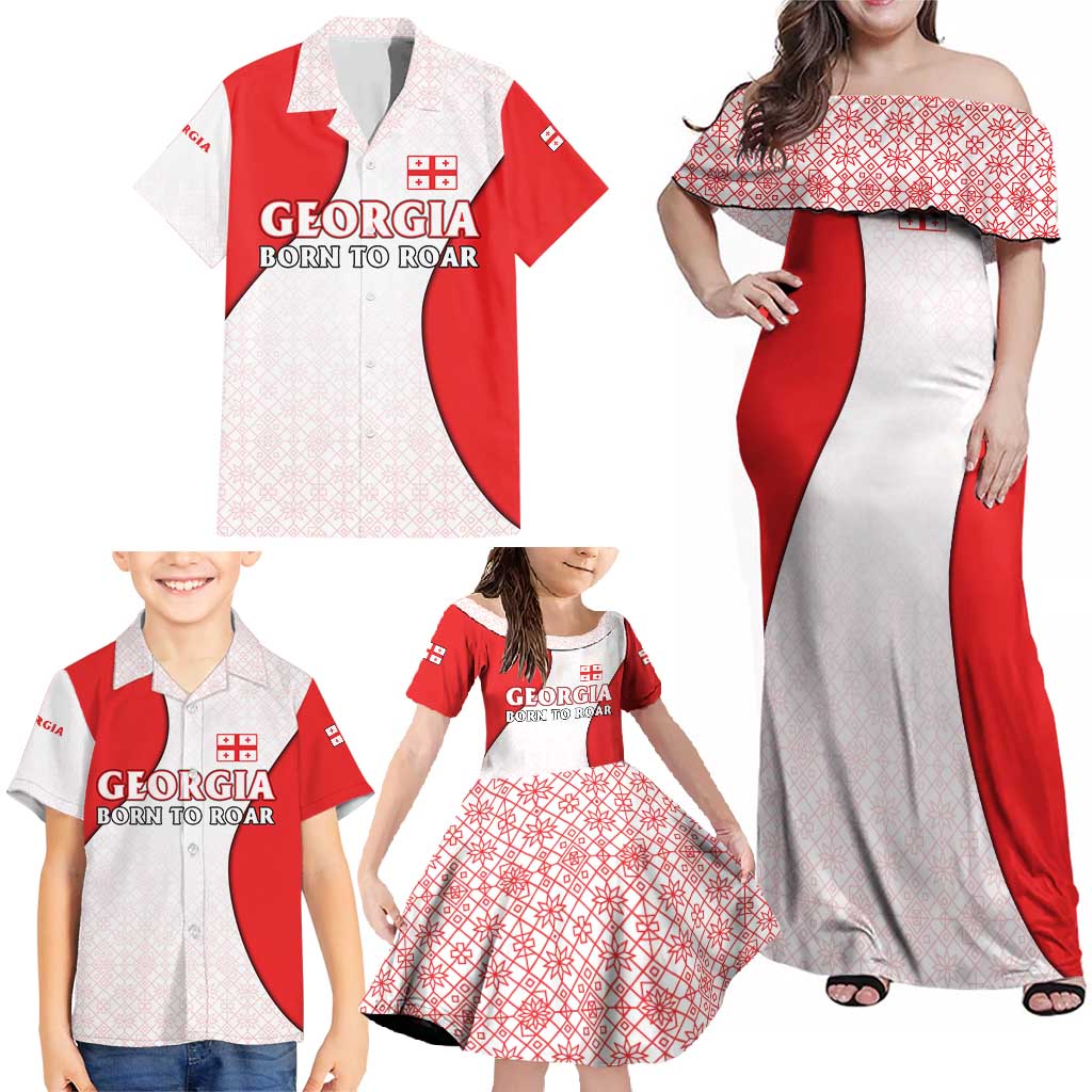 Georgia Flag Family Matching Off Shoulder Maxi Dress and Hawaiian Shirt with Born to Roar with Red Lion and National Symbols - Wonder Print Shop