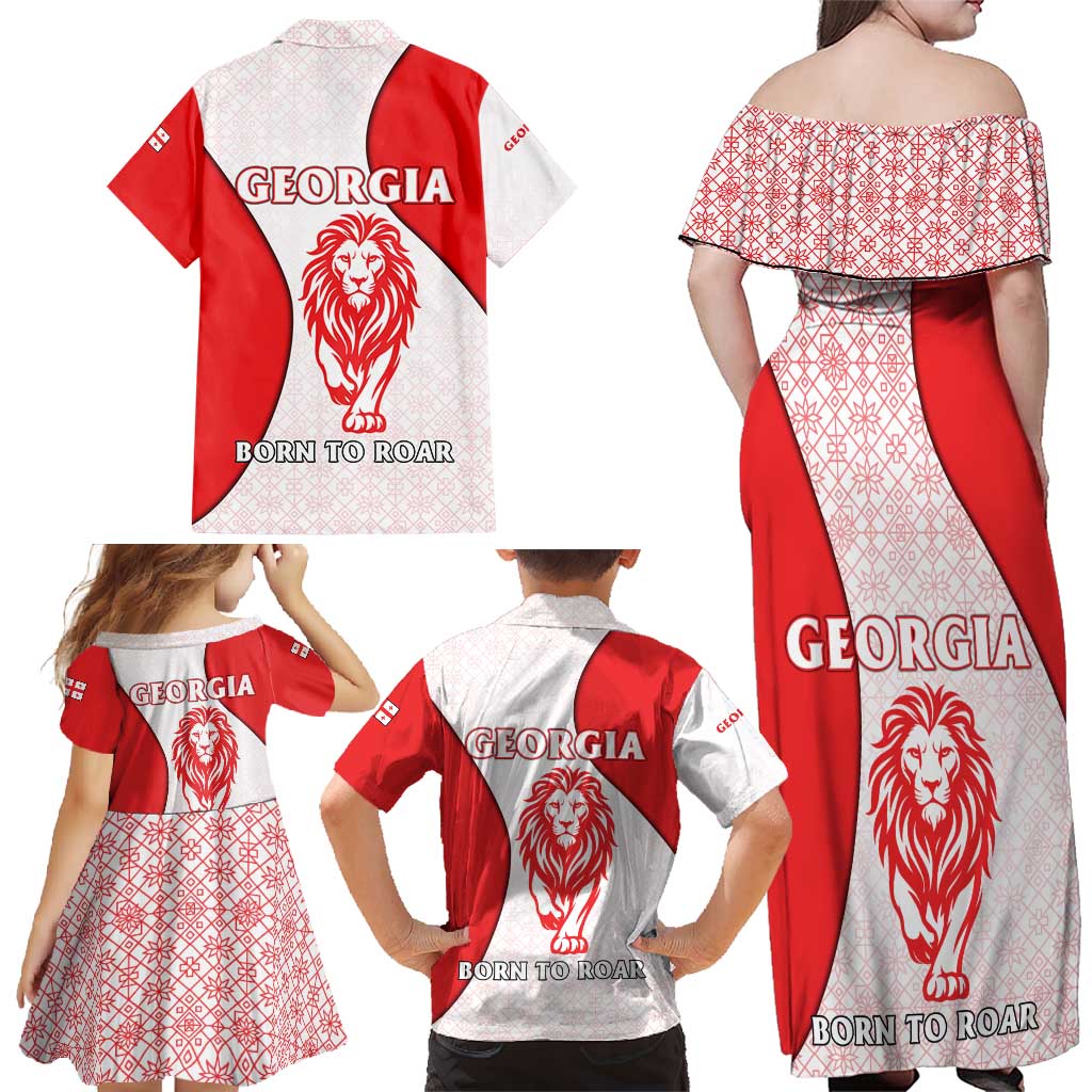 Georgia Flag Family Matching Off Shoulder Maxi Dress and Hawaiian Shirt with Born to Roar with Red Lion and National Symbols - Wonder Print Shop