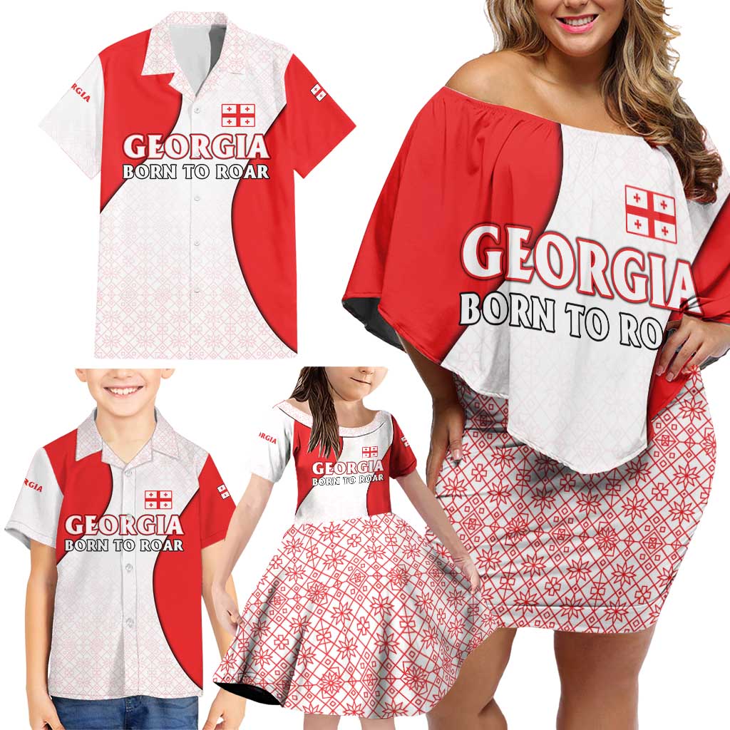 Georgia Flag Family Matching Off Shoulder Short Dress and Hawaiian Shirt with Born to Roar with Red Lion and National Symbols - Wonder Print Shop
