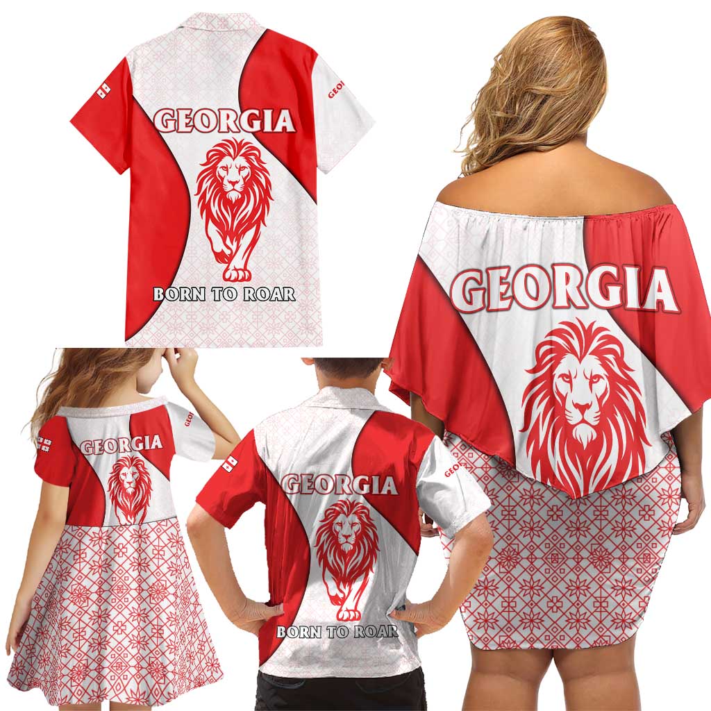 Georgia Flag Family Matching Off Shoulder Short Dress and Hawaiian Shirt with Born to Roar with Red Lion and National Symbols - Wonder Print Shop