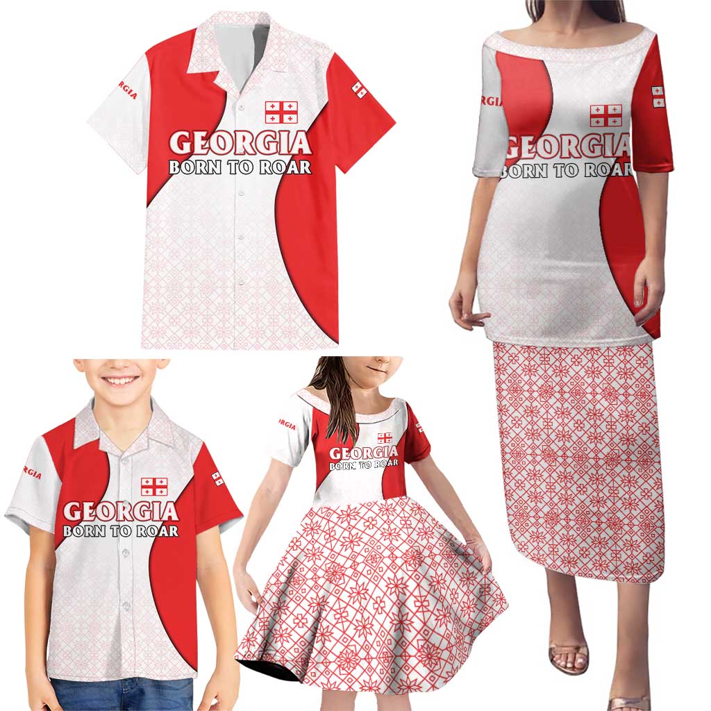 Georgia Flag Family Matching Puletasi and Hawaiian Shirt with Born to Roar with Red Lion and National Symbols - Wonder Print Shop