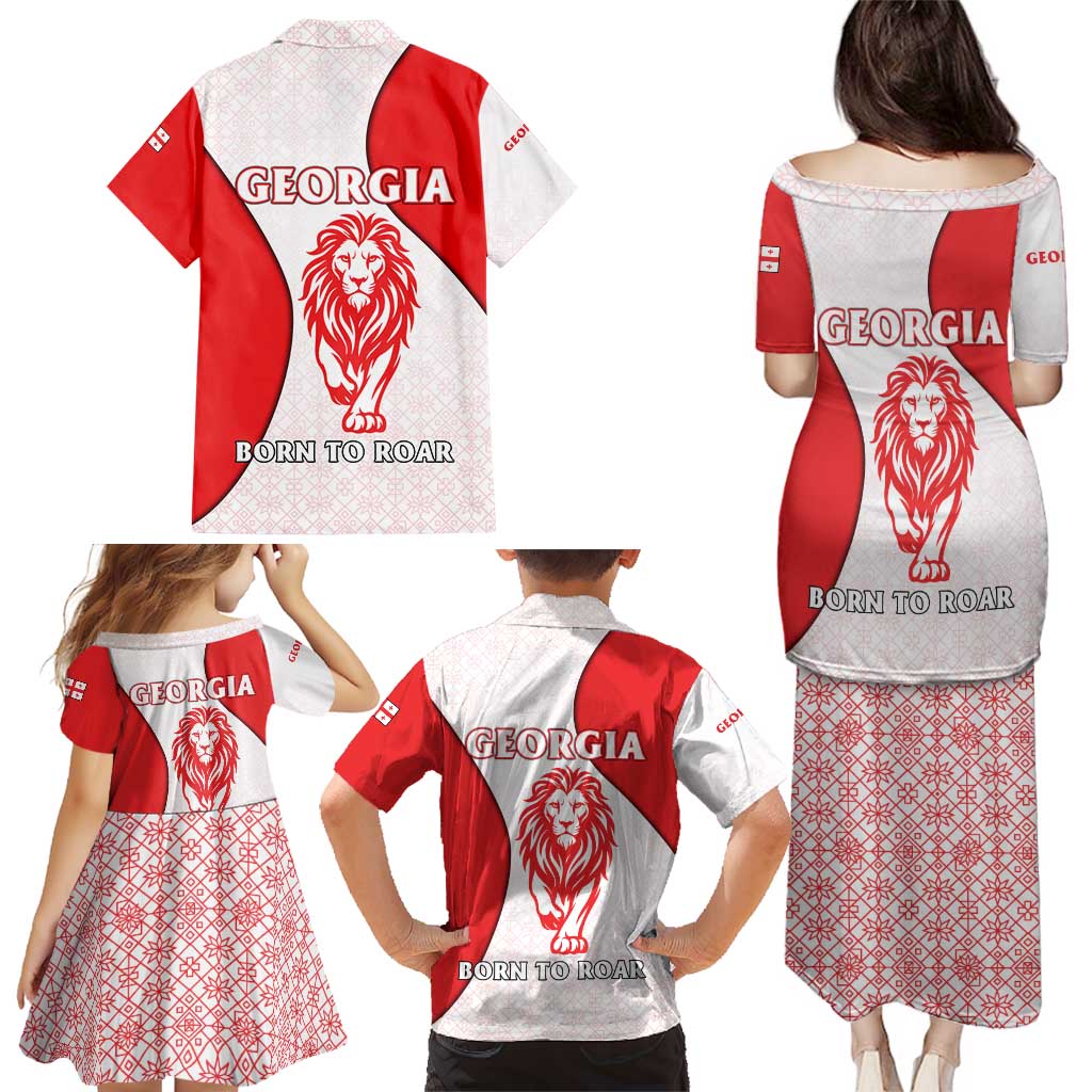 Georgia Flag Family Matching Puletasi and Hawaiian Shirt with Born to Roar with Red Lion and National Symbols - Wonder Print Shop