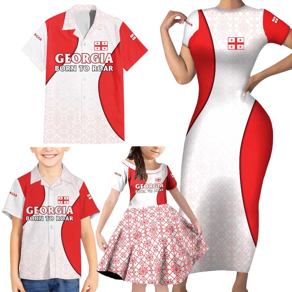 Georgia Flag Family Matching Short Sleeve Bodycon Dress and Hawaiian Shirt with Born to Roar with Red Lion and National Symbols - Wonder Print Shop
