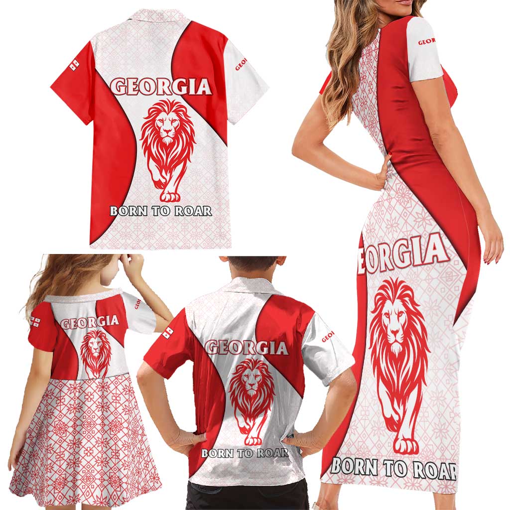 Georgia Flag Family Matching Short Sleeve Bodycon Dress and Hawaiian Shirt with Born to Roar with Red Lion and National Symbols - Wonder Print Shop