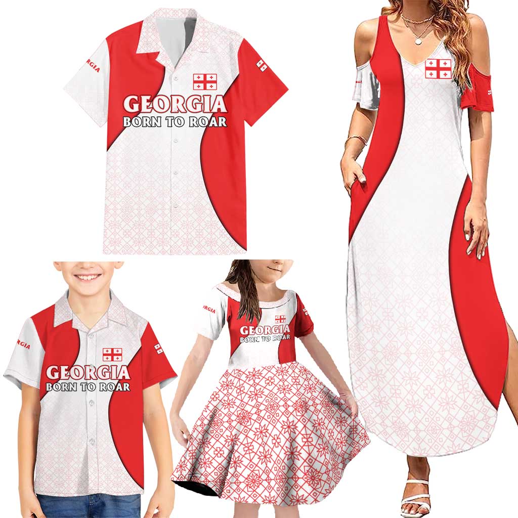 Georgia Flag Family Matching Summer Maxi Dress and Hawaiian Shirt with Born to Roar with Red Lion and National Symbols - Wonder Print Shop