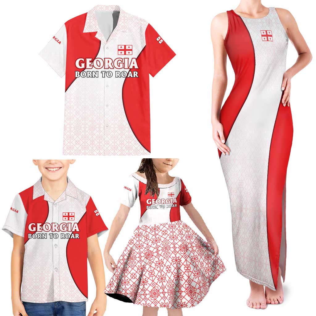 Georgia Flag Family Matching Tank Maxi Dress and Hawaiian Shirt with Born to Roar with Red Lion and National Symbols - Wonder Print Shop
